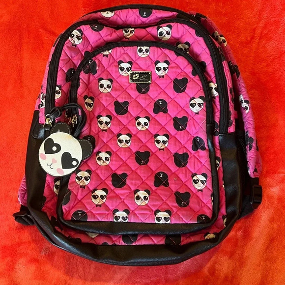 🐼🐼 Betsey Johnson pink & black panda backpack in great, clean condition 🐼🐼 - Picture 1 of 13
